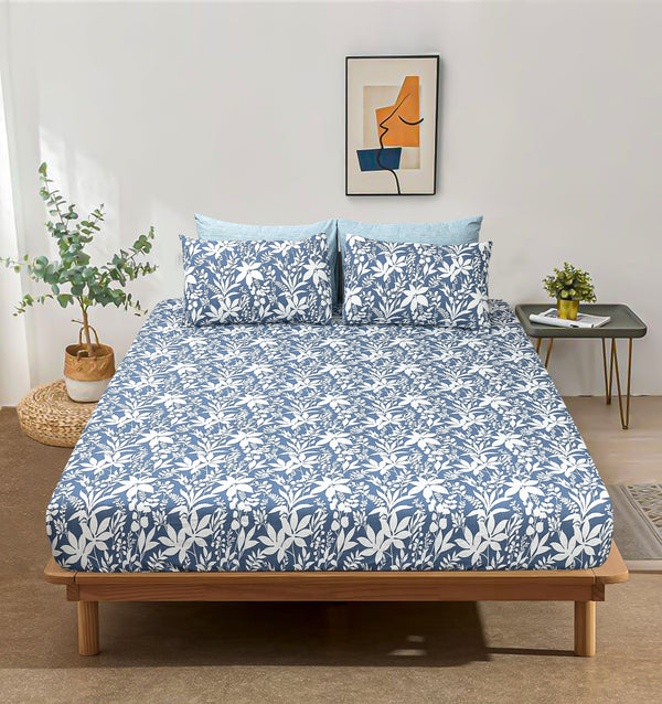 Pure Cotton Bed Sheet Set - Blue Leafage