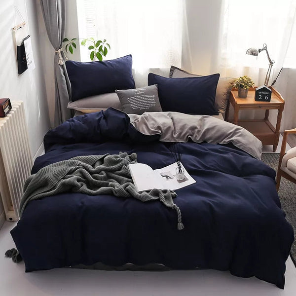 Reversible Cotton Duvet Cover With Fitted Sheet - Navy Blue Grey