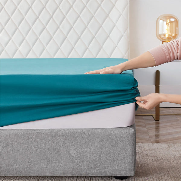 Cotton Fitted Bed Sheet With Pillows - Teal Blue