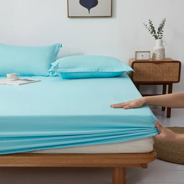 Cotton Fitted Bed Sheet With Pillows - Baby Blue