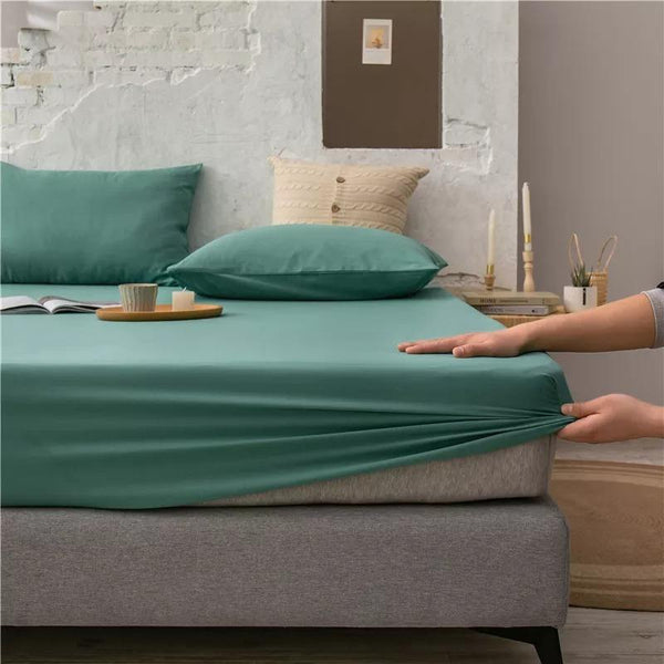 Cotton Fitted Bed Sheet With Pillows - Sea Green